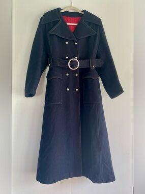 Vintage 1960s Navy Long Wool Coat with Red Lining and Belt